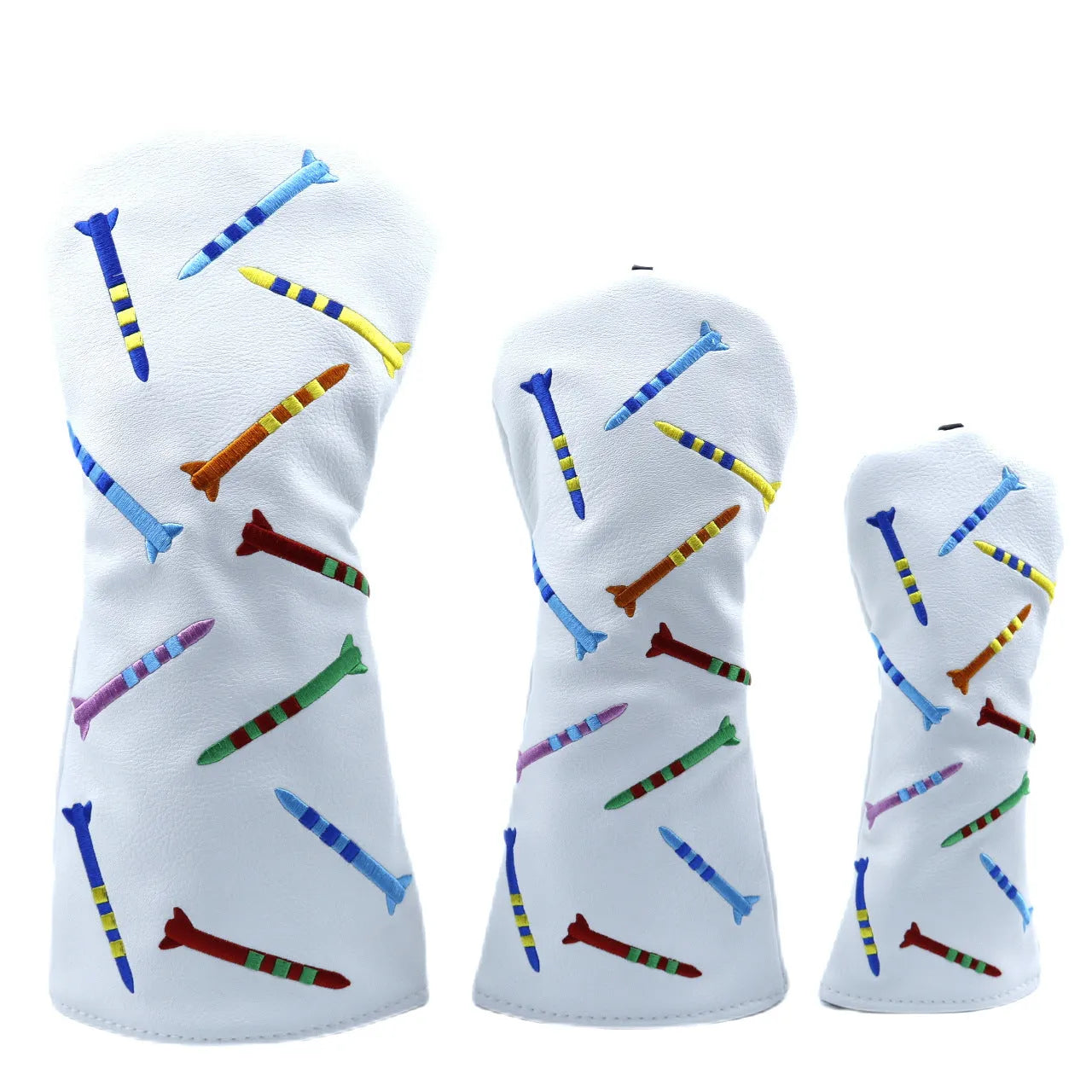 Set of black and white PU golf poles in three different sizes on a plain background