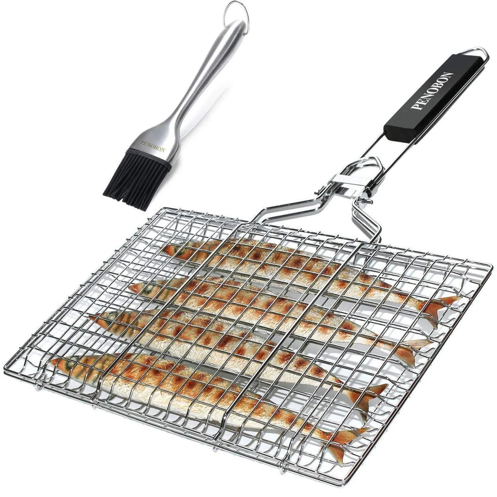 Stainless steel square folding barbecue mesh basket with cleaning brush