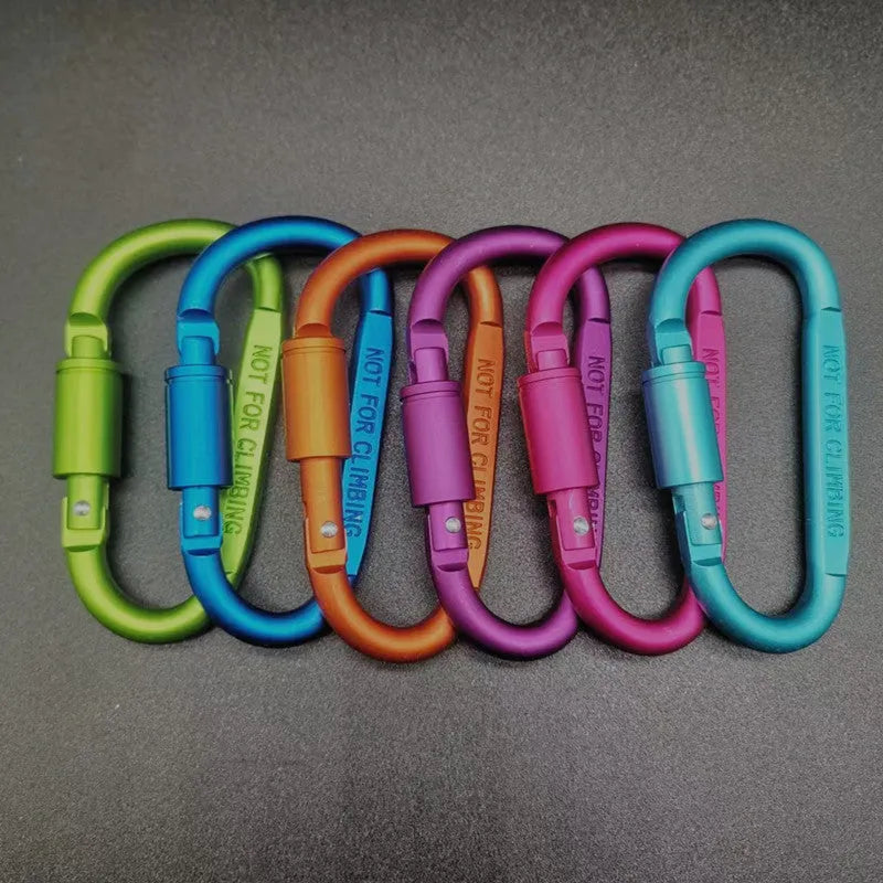 D-type aluminium locking carabiner, 8cm flat, shown in one of ten available colours.