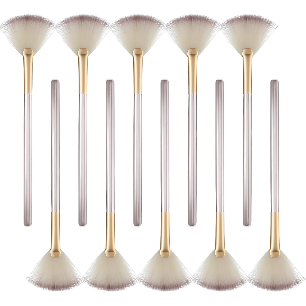 10 professional facial fan brushes with champagne finish handles and protective covers for makeup and treatment application