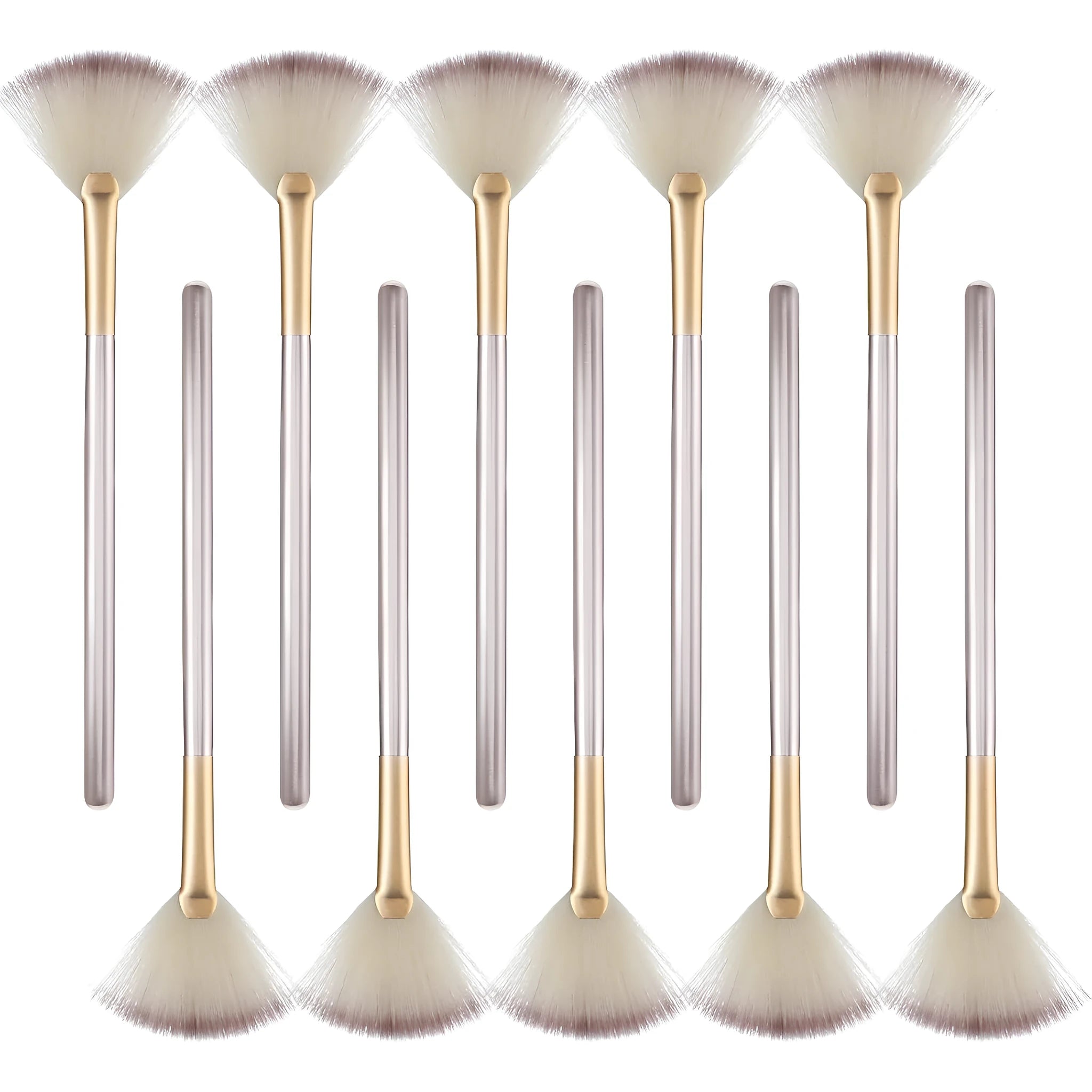 10 professional facial fan brushes with champagne finish handles and protective covers for makeup and treatment application