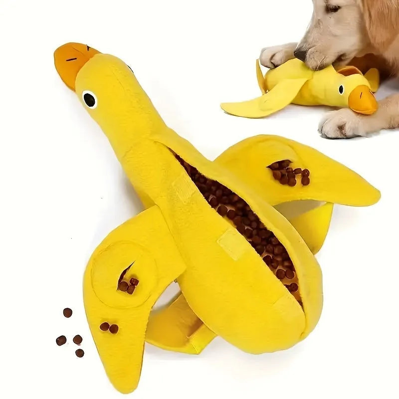 Yellow dog training toy with duck sound module and central treat dispenser slot