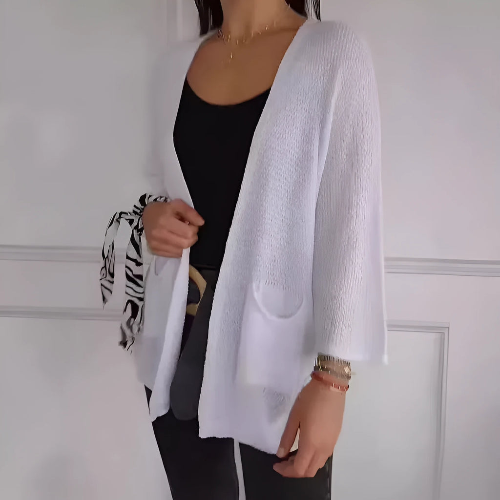 Women's waffle knit cardigan coat in army green with nine-quarter sleeves and pockets