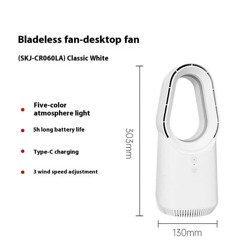 White bladeless tower fan with a slim design standing on a floor, showing a touch screen panel.