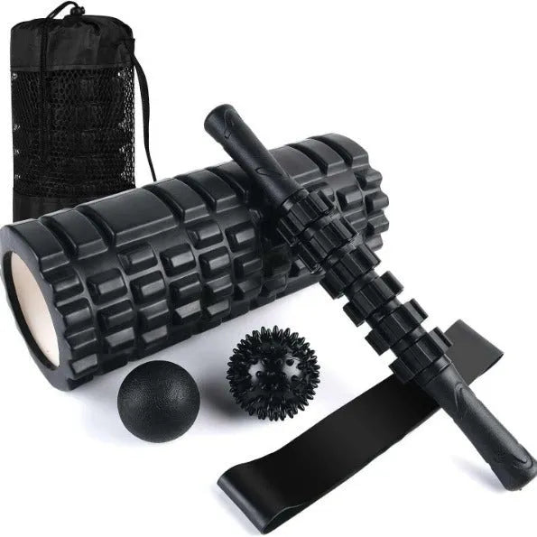 Black fitness foam roller measuring 33cm length with six massage pieces for muscle therapy