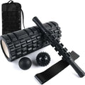 Black fitness foam roller measuring 33cm length with six massage pieces for muscle therapy