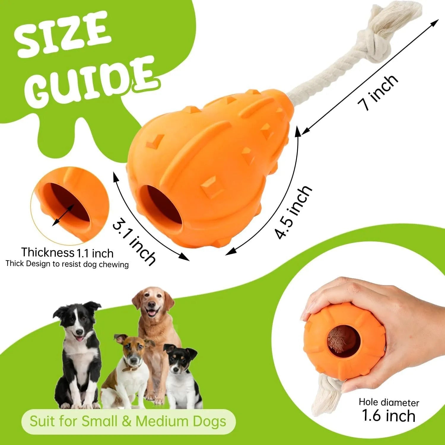 A natural rubber stuffable dog toy for small to medium breeds, shown with a hollow centre for treats.
