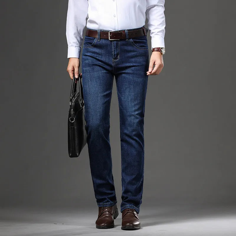 Women's plus size stretch jeans in business casual straight-leg style with high elasticity