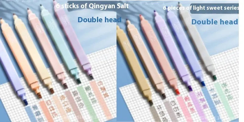 Double-headed fluorescent marking pens showing two different ink colours per pen