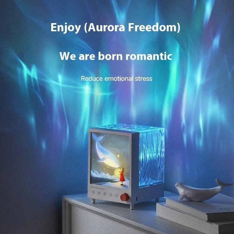 Aurora Treasure Box Atmosphere Projection Lamp showing Star Sea Whale light pattern projection.