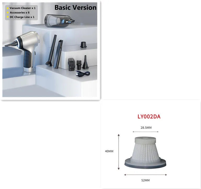 A handheld cordless vacuum cleaner with a car mount, shown on a car seat.