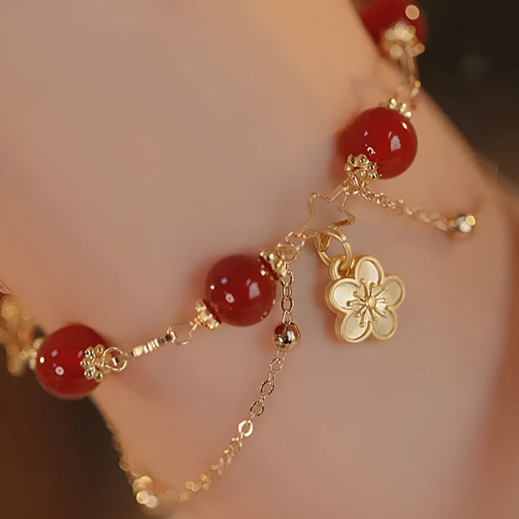 Red agate double layer bracelet with handcrafted peach blossom floral design