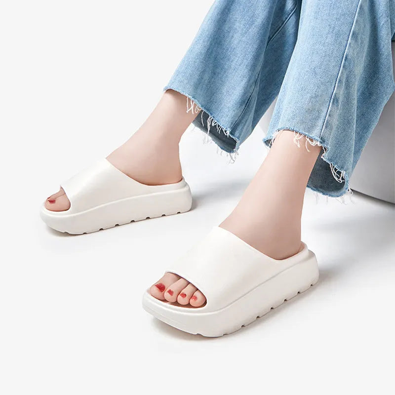 Women's fish mouth slippers with a thick 5.5cm light-coloured EVA sole, shown in beige.