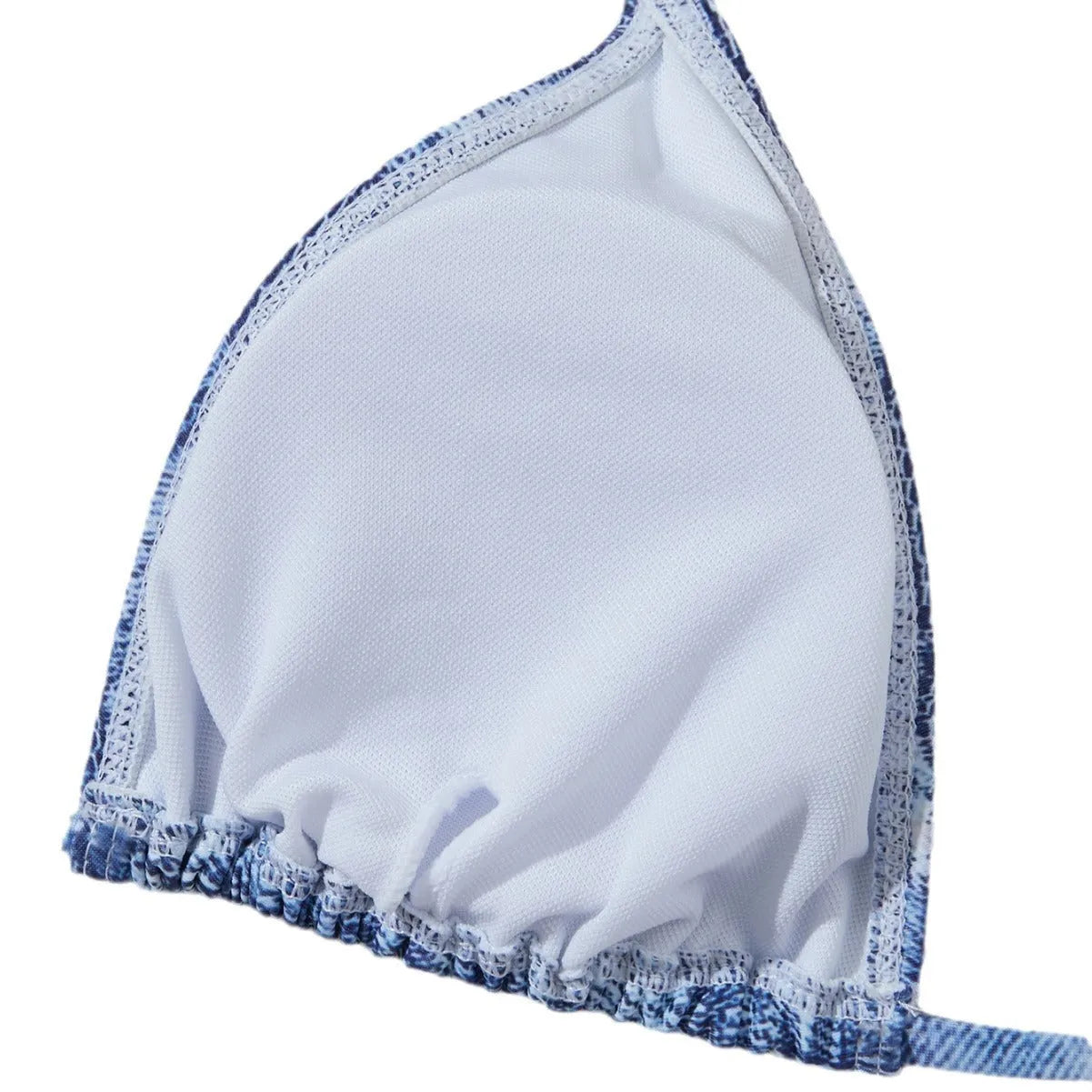 Women's denim blue printed bikini set with adjustable straps, shown as a two-piece swimsuit.