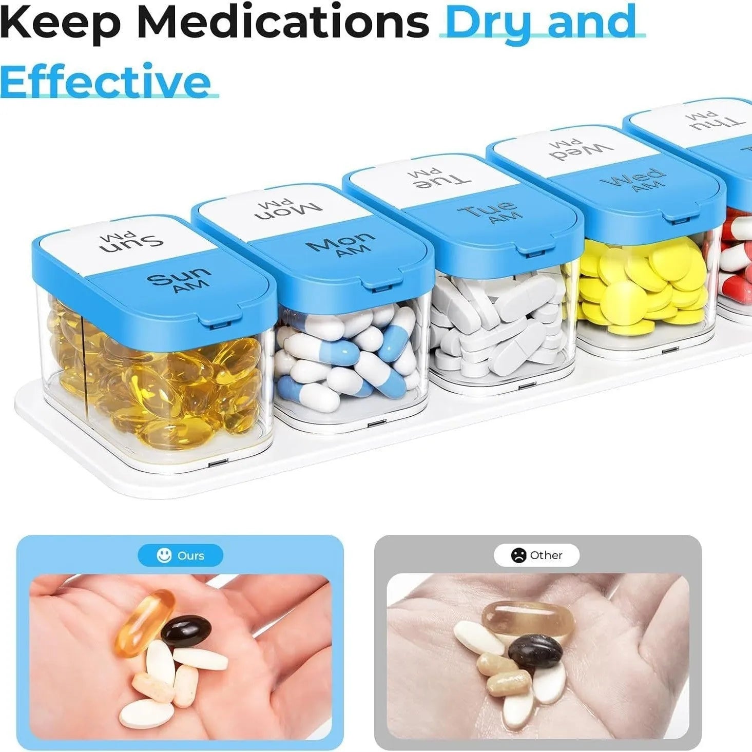 Amazon portable medicine dispenser with 14 removable compartments in rainbow colour option