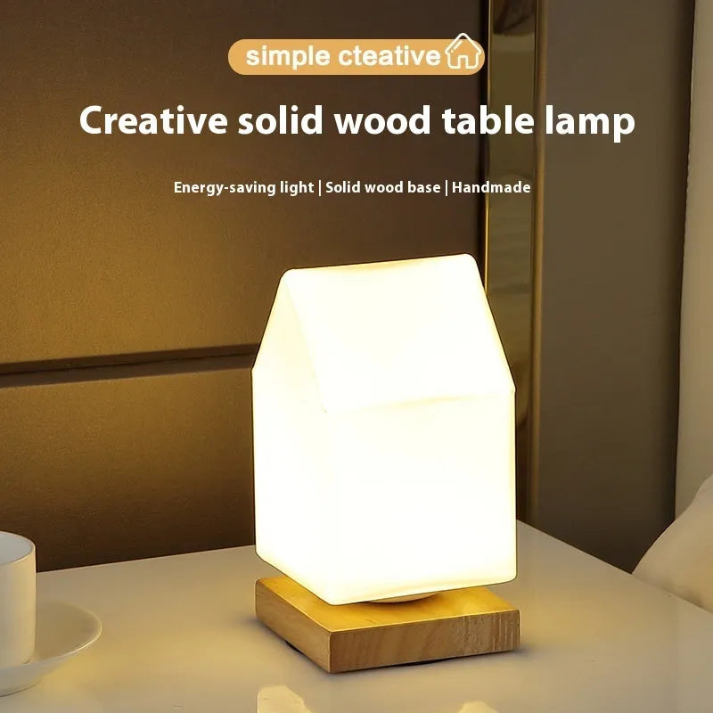 Nordic solid wood USB table lamp in white cube design with touch dimming, 150mm by 180mm