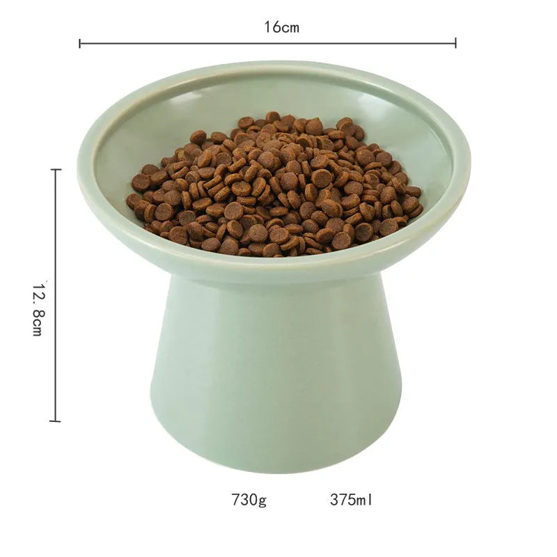 Wide shallow blue elevated ceramic bowl for cat food and water on a floor