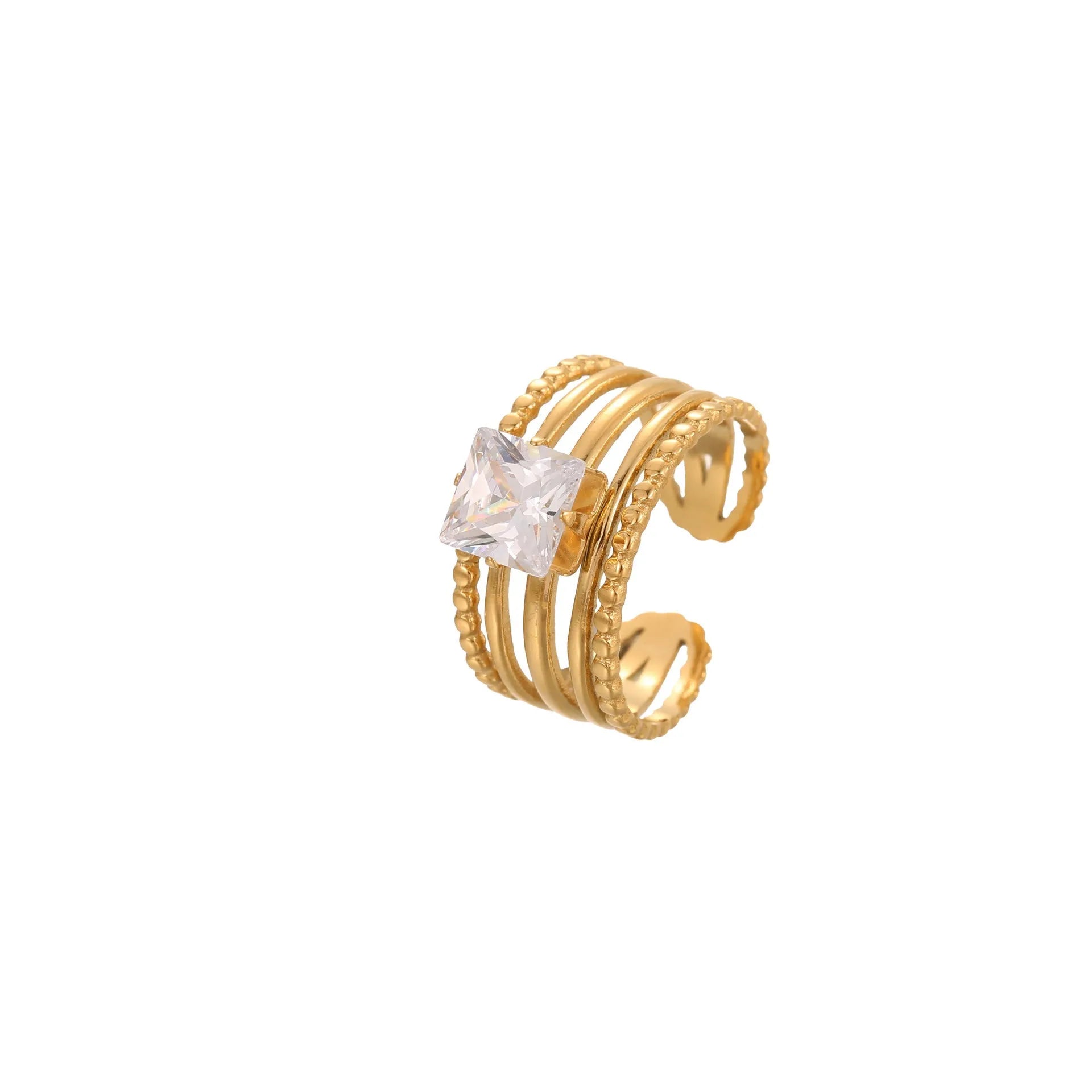 Gold inlaid zircon stainless steel open mouth ring with geometry design featuring heart and drop shapes