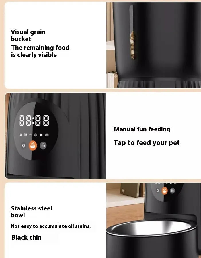 Black automatic pet feeder with digital display and food hopper on a countertop.