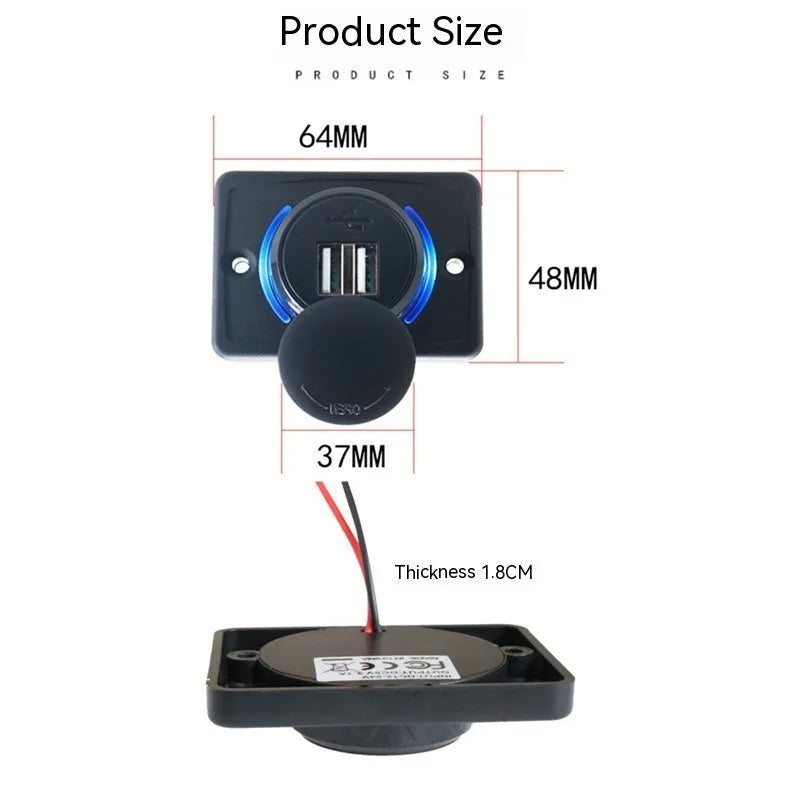 Black 12 volt car USB charger with dual ports for vehicle installation