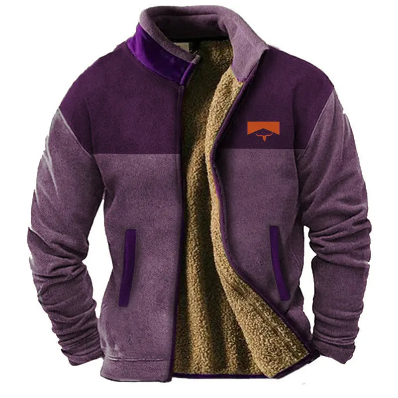 Men's green polyester fleece padded coat on a hanger, showing regular length and padded construction.
