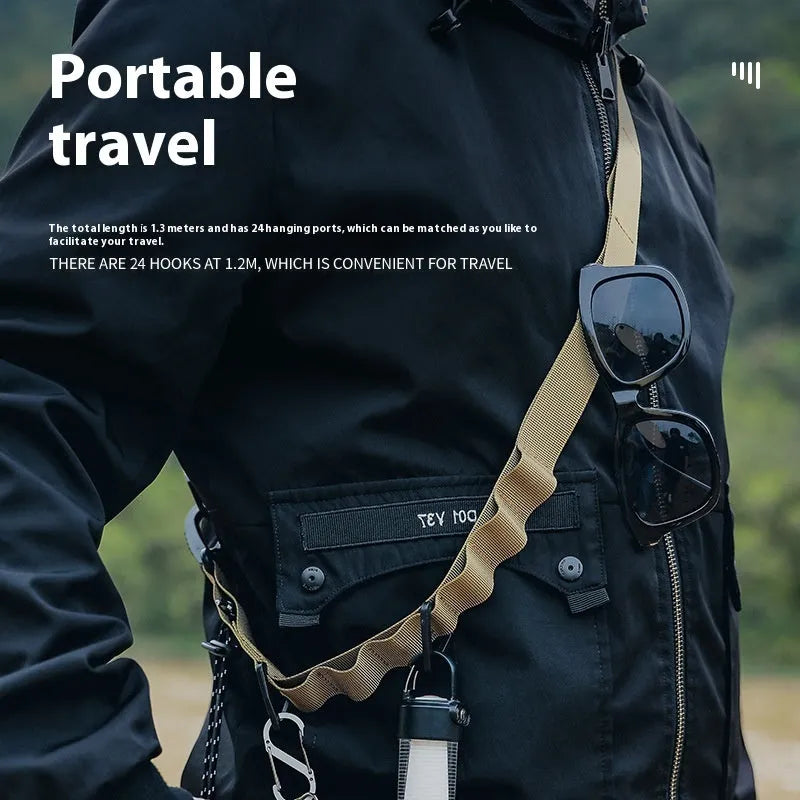 130cm outdoor multifunctional hanging rope clothesline storage belt in black and khaki colours for camping and travel