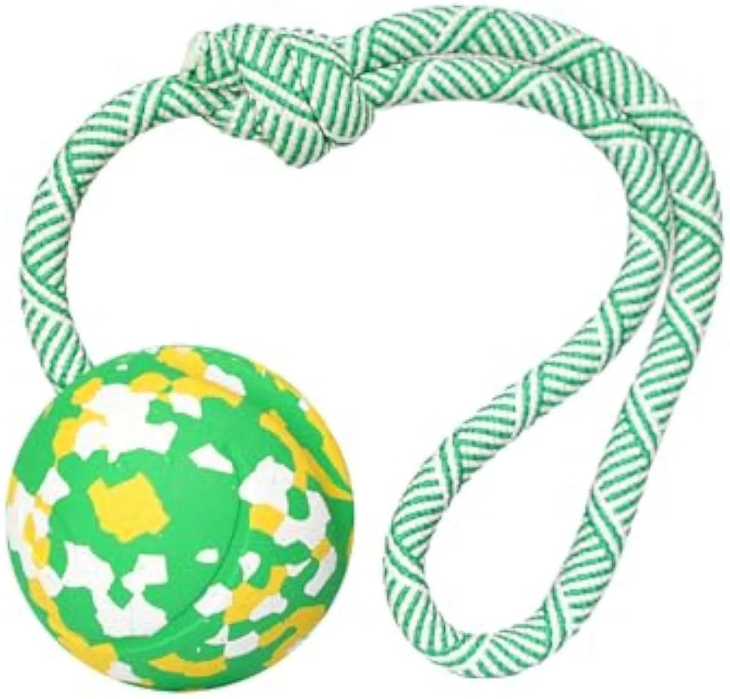 Dog rope ball toy with natural rubber ball and nylon rope in two sizes