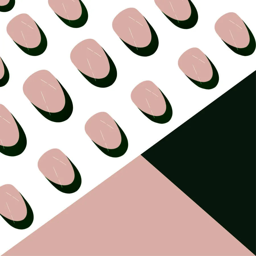 24 black French style false nails with short almond shapes laid out on a surface.