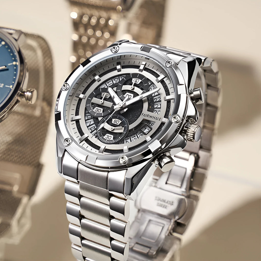 Men's waterproof luminous quartz watch with stainless steel bracelet in black, gold, or silver colour options