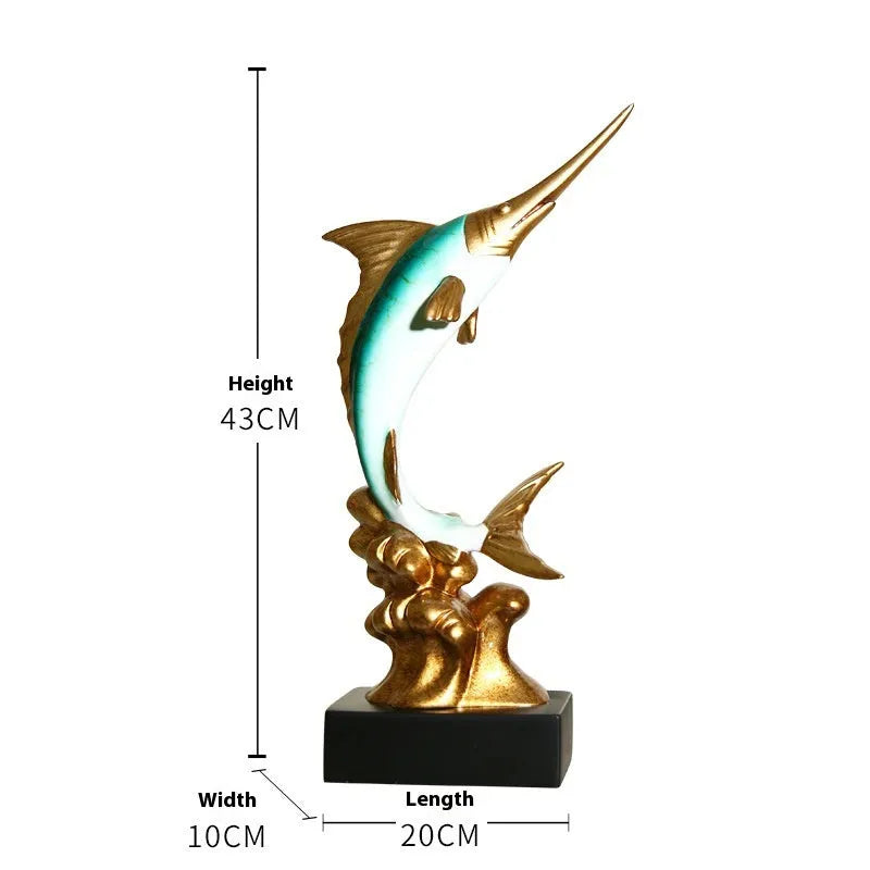 A European-style swordfish sculpture decoration in resin, shown in one of four colour options.