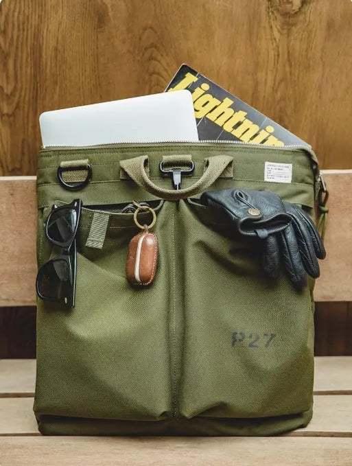 Retro canvas crossbody bag with helmet storage compartment and hard handle