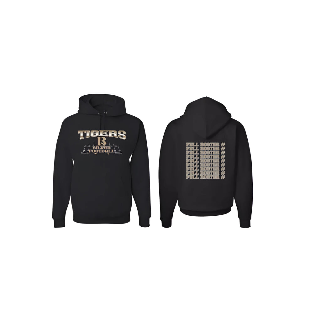 Black drop-shoulder hoodie with long sleeves and collarless design on a manikin