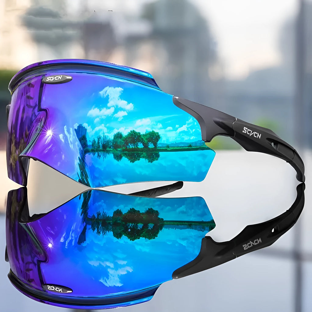 Frameless windproof athletic glasses with a colourful integrated lens for sports