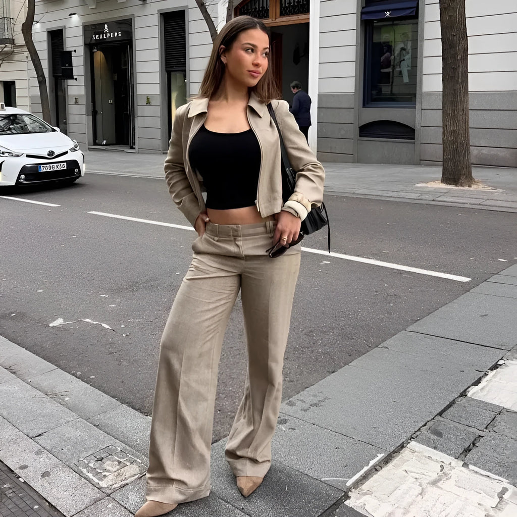 Women's summer casual suit with 3D herringbone embroidery on jacket and straight-leg trousers
