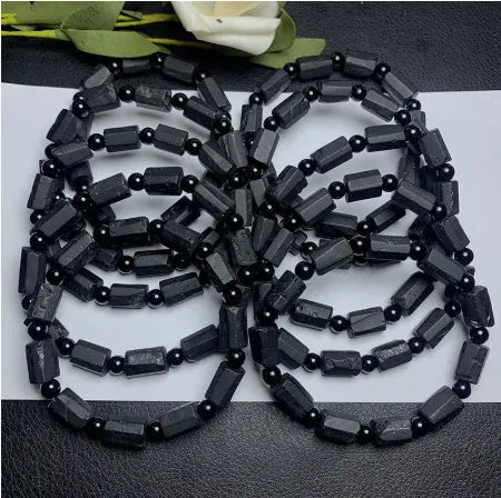 Natural black tourmaline rough stone bracelet with 9mm beads unisex design