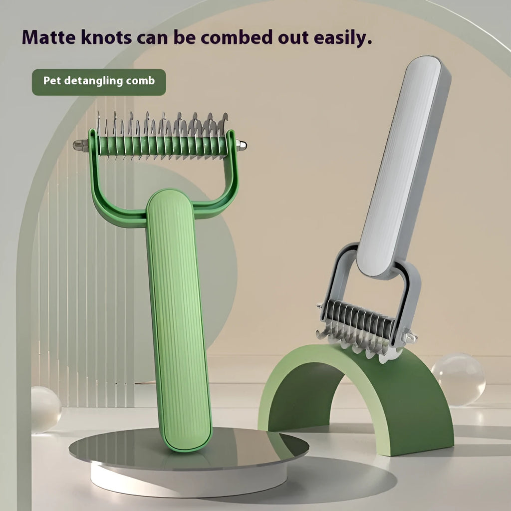 Green dog grooming comb with stainless steel teeth and a curved plastic handle for detangling matted fur.