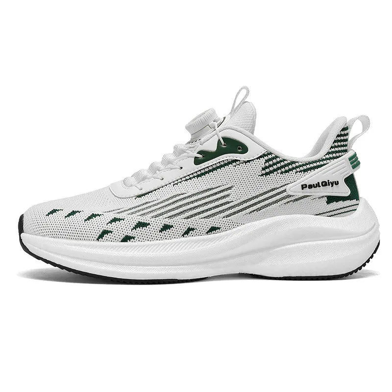Men's rotating buckle Fly-kit mesh running shoes in black, grey, or white/green colours with flat sole