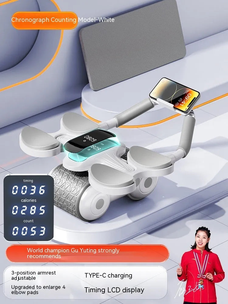 White fitness roller with LCD screen for belly contracting and calorie counting workouts