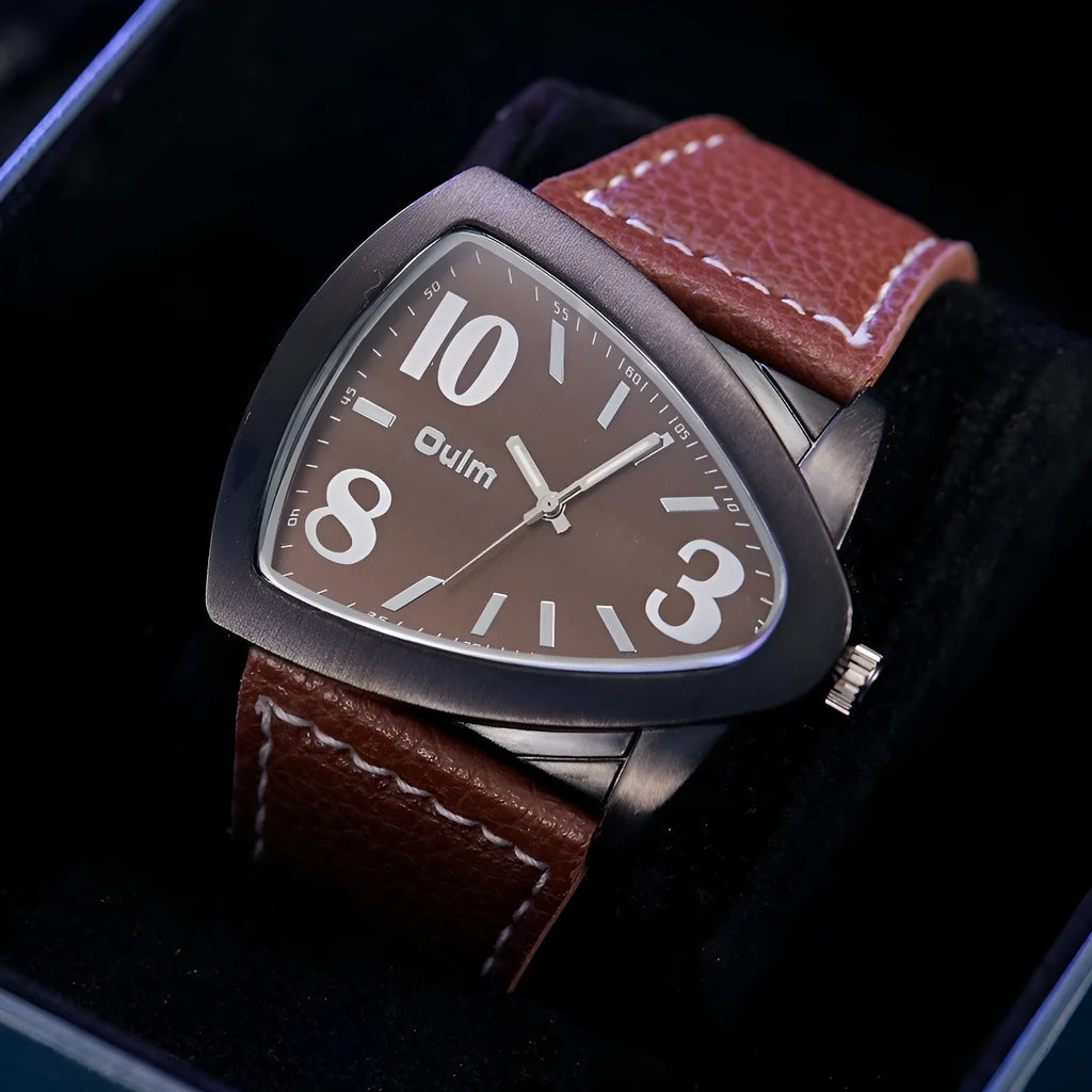 Men's casual quartz watch with triangle belt detail on case and brown leather strap, showing slim 9mm profile.