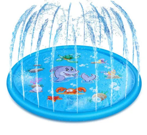 Blue PVC children's water spray play mat with marine animal designs laid out on grass.