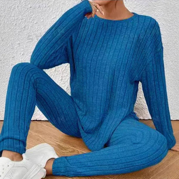 Sunken stripe two-piece homewear set in black or blue with matching pants and top for exercise