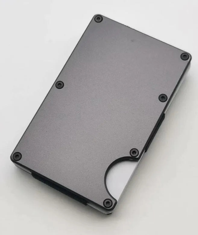 Aluminium grey carbon fibre credit card wallet with RFID blocking showing seven card slots