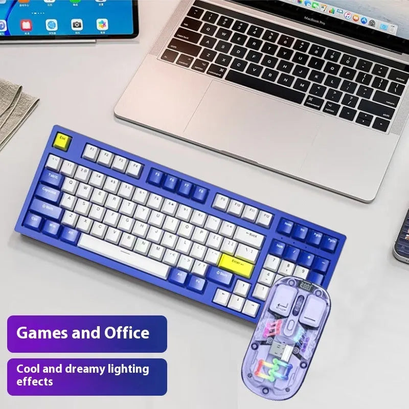 Customisable mechanical keyboard and wireless mouse set in selected colour on a desk