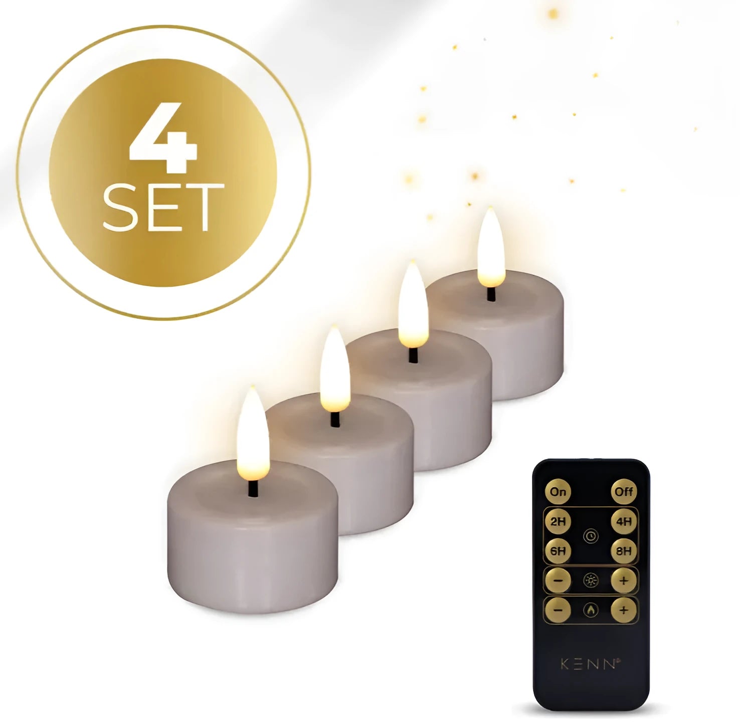 Four taupe-coloured LED tealight candles with flickering flame effect on wooden surface