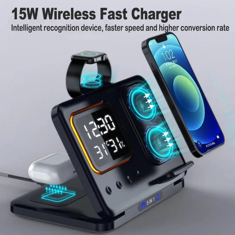 Black and white wireless charging station with phone, watch, and headphones on dock, showing LED time and temperature display.