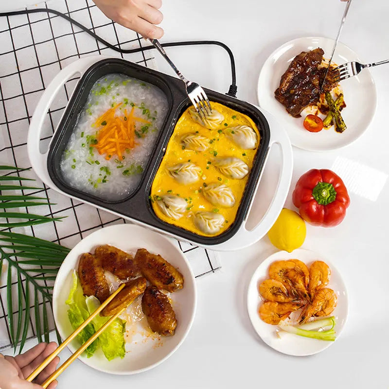 A white or green household electric hot pot appliance with mechanical controls, shown with its pot.