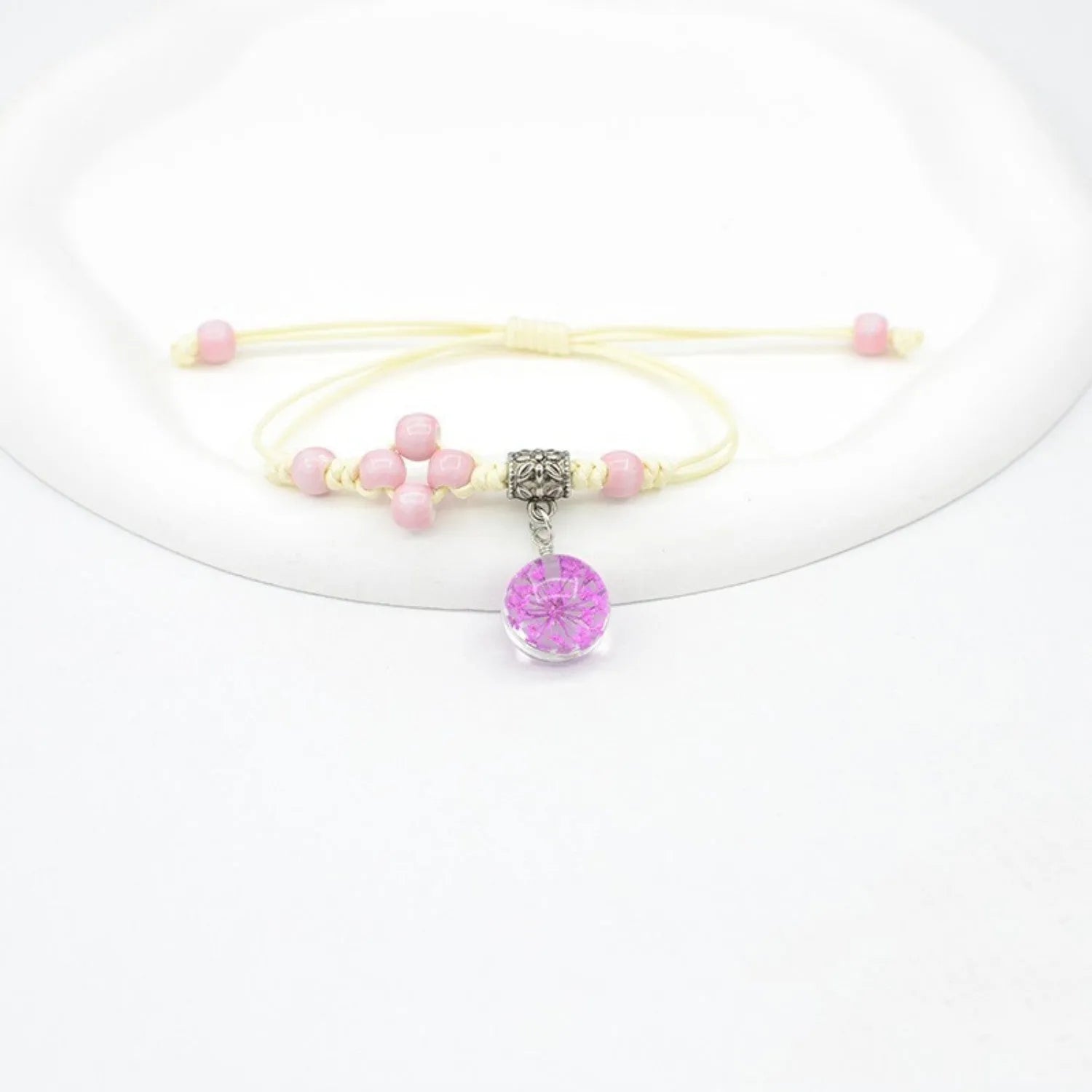 Glass dried flower bracelet with hand-woven lace and 1.4cm beads in multiple colour options