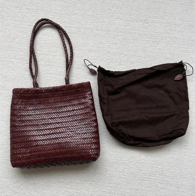 Brown woven leather tote bag with three-dimensional pocket and polyester lining