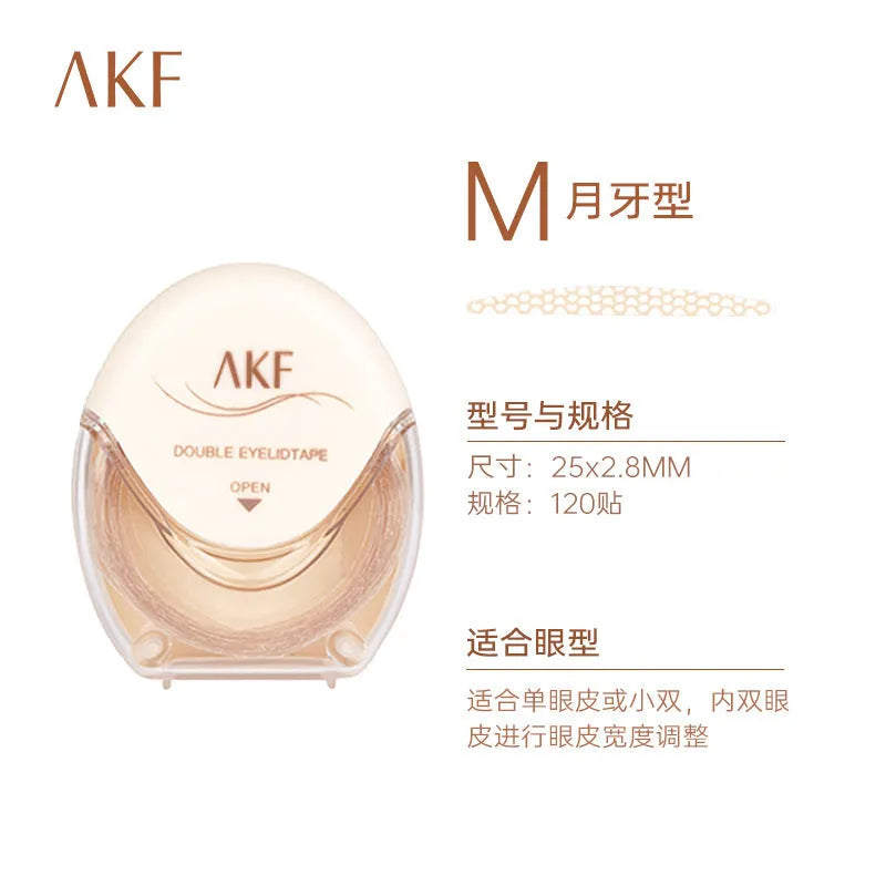Roll of 120 clear lace double eyelid stickers in crescent and olive M shapes on skin.