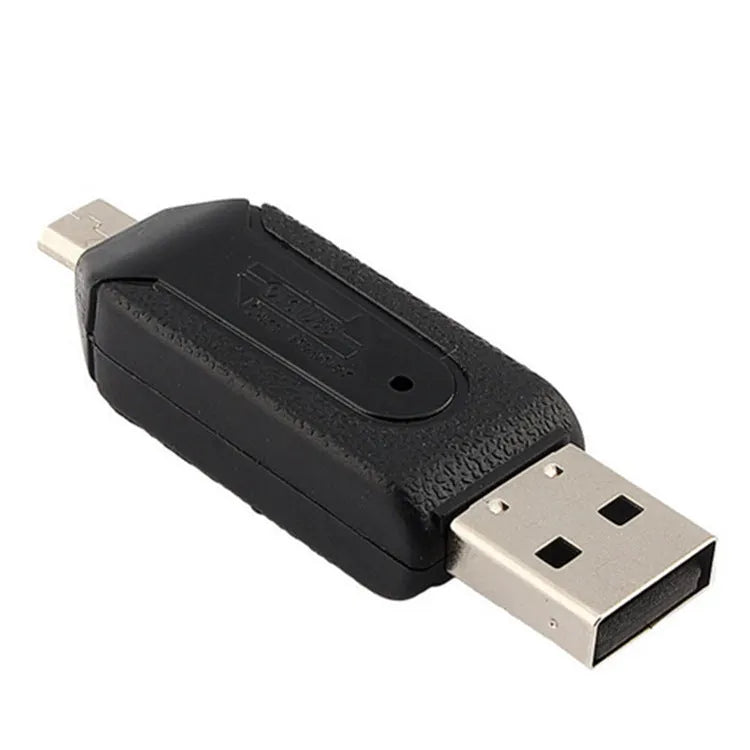 White OTG card reader with micro USB plug for Android phones and computers, showing SD and TF card slots.